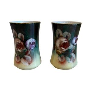 Vintage Limoges Pair Bud Vases Floral Hand Painted 4" Tall